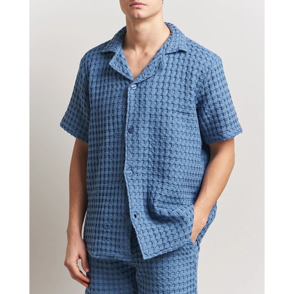 OAS Cuba Waffle Knit Classic Fit Coronet Blue Short Sleeve Shirt M NEW Oversized